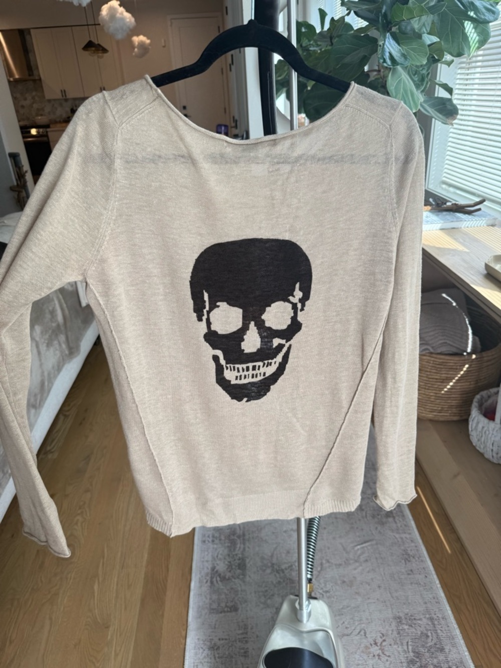 Skull Cashmere Beige Long Sleeve Top with Black Skull